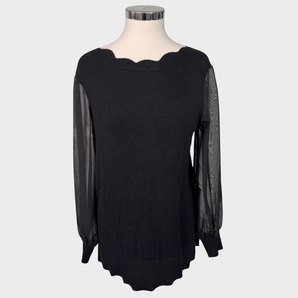 Cable & Gauge Medium Scalloped Neck Black Sheer Sleeves Sweater